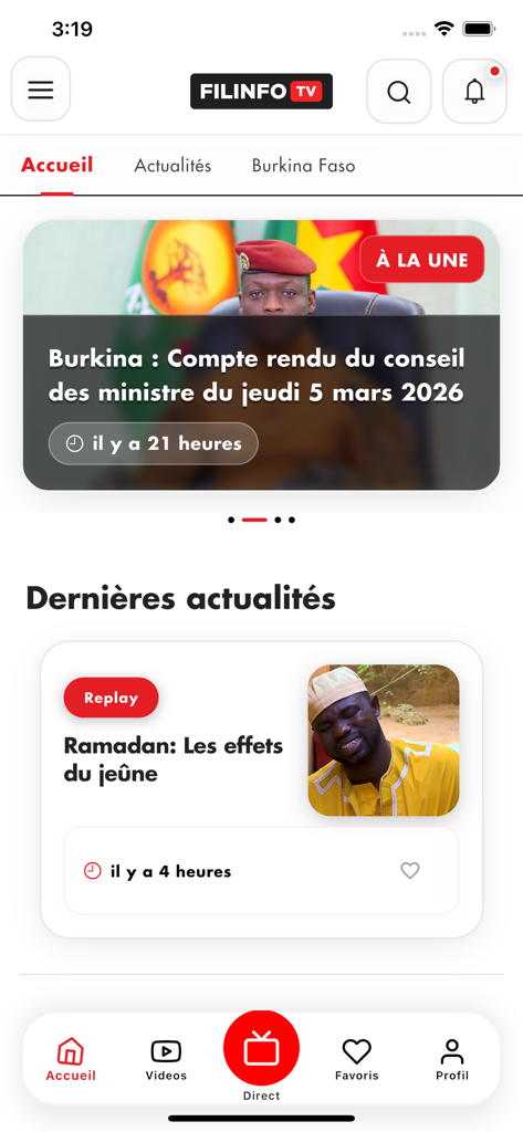 FILINFO TV - Home screen of Filinfo TV news app displaying latest Burkina Faso headlines