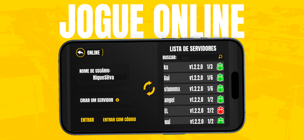 Server selection menu in Projeto Grau showing active online multiplayer rooms and player counts.