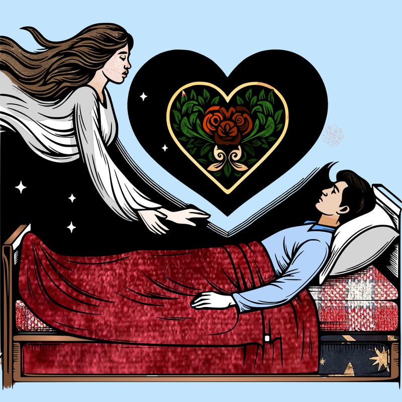 a woman and man in love both on their death beds but they’re souls meet at top in shape of a heart realistic