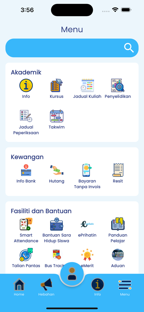 Interfaz del menú principal de la app móvil UKM Siswa mostrando iconos académicos, financieros y de servicios estudiantiles.