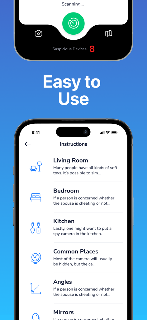 Hidden Spy Camera Finder Pro - Captura de pantalla de la interfaz de la aplicación Localizador de Cámaras Ocultas Pro mostrando un escaneo de dispositivos e instrucciones de búsqueda específicas para la habitación.