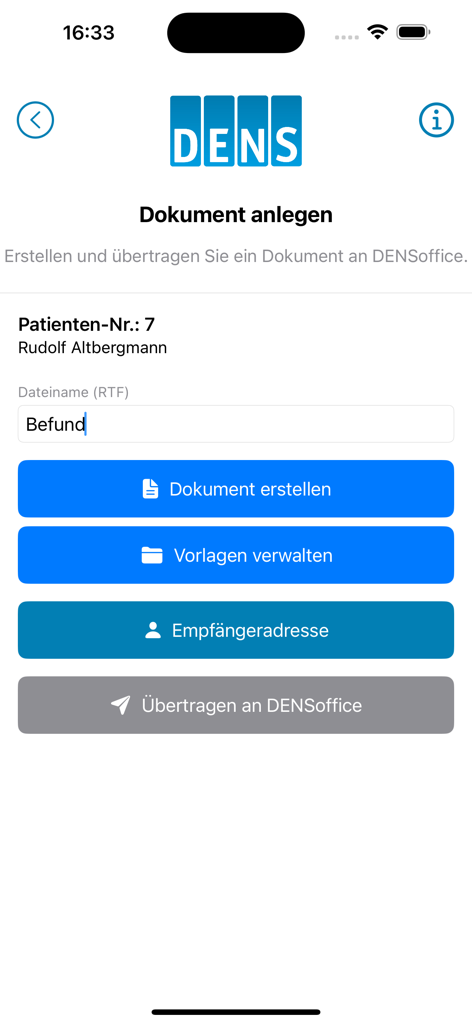 DENStext-App-Oberfläche zur Erstellung und Übertragung von zahnärztlichen Befunden an DENSoffice