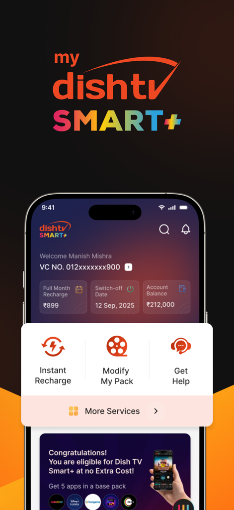 My DishTV app home screen interface displaying account summary and quick action buttons for recharge and pack modification