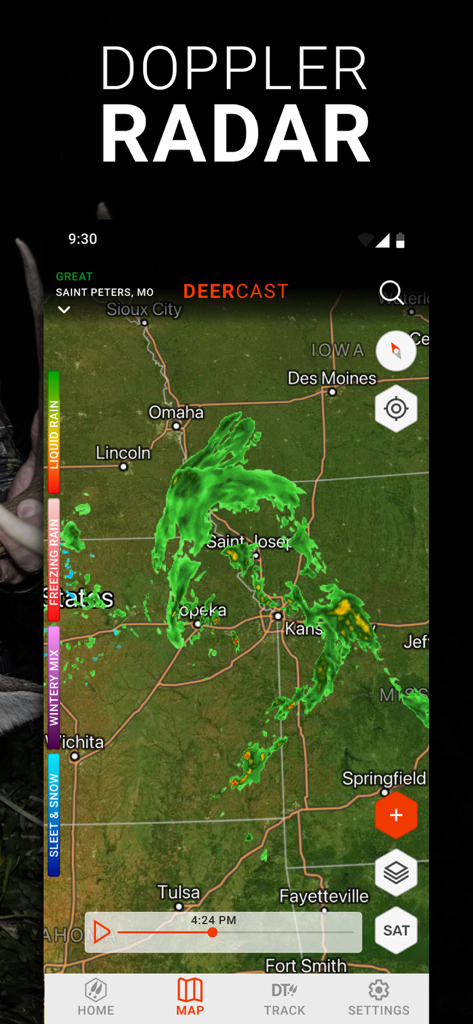 DeerCast mobile app showing a live doppler radar weather map for hunting areas