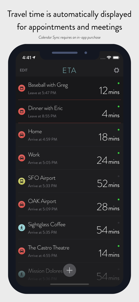 ETA - GPS & maps driving times - Interfaz de una aplicación móvil que muestra tiempos de viaje en coche, a pie y en transporte público a un evento del calendario
