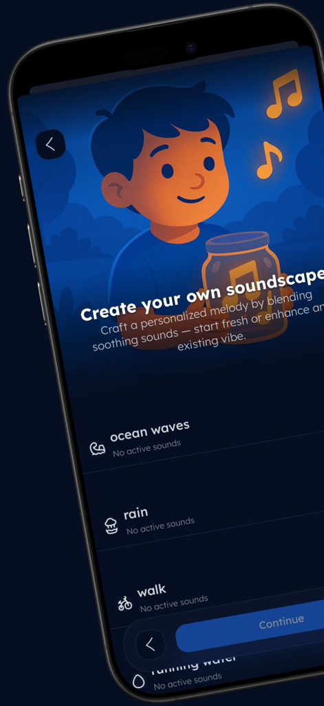 Calmora - Mindfulness - Mobile interface for blending ambient sounds like rain and ocean waves in the Calmora app