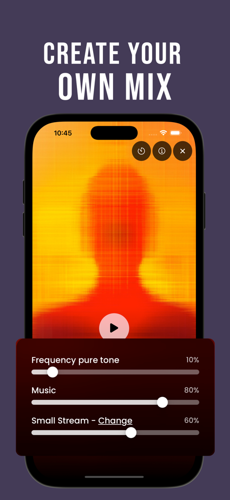 Solfeggio Frequencies - Chakra - Interfaccia dell'app Frequenze Solfeggio che mostra cursori per mescolare musica di toni puri e suoni naturali