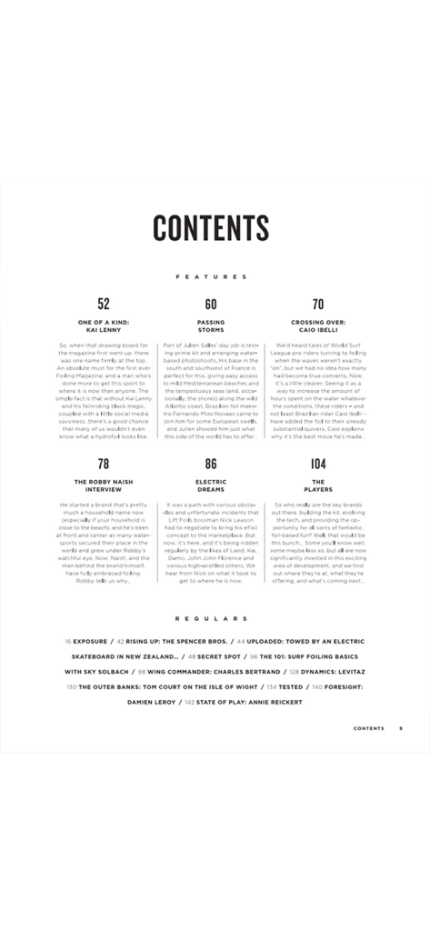 Foiling Magazine - Inhaltsseite der Foiling Magazine App mit Feature-Stories und regelmäßigen Kolumnen