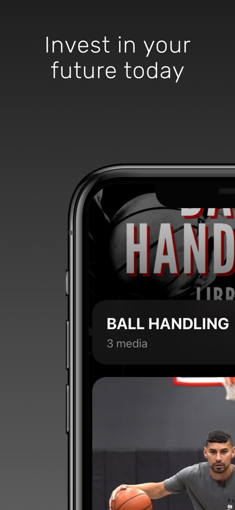 CoachIQ - Smartphone screen showing the CoachIQ app with a basketball ball handling training program and the text Invest in your future today.