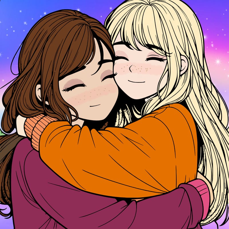 realistic two girls hugging
