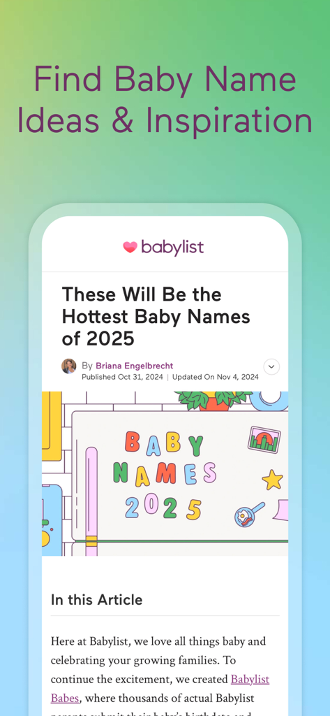 Babylist app screen showing baby name ideas and 2025 trends inspiration article