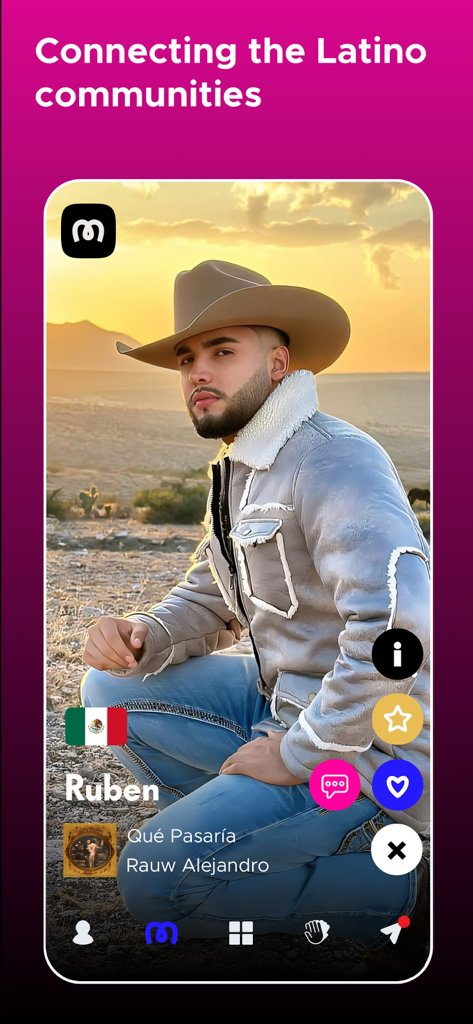 Mi Gente - Latino Dating - A profile of a man named Ruben on the Mi Gente Latino dating app featuring a Mexican flag and a desert sunset photo.