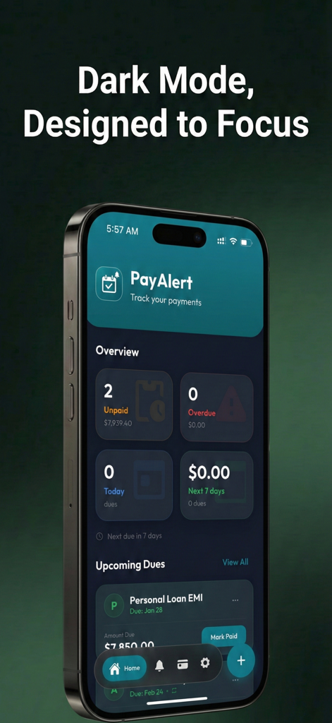 Pay Alert: Bill & Loan Tracker - Pay Alert app dashboard in dark mode displaying a summary of unpaid bills and upcoming loan payments on an iPhone.