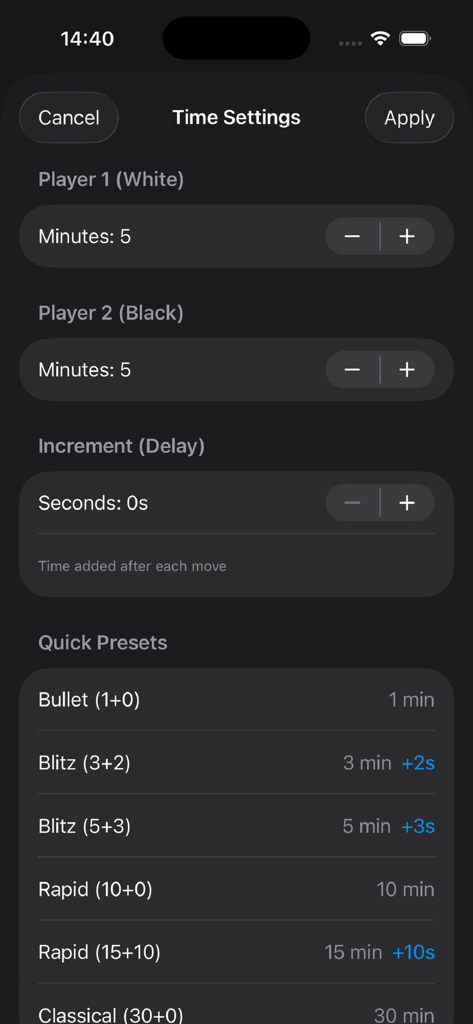 Chess Clock - Chess Timer 2026 - Chess Clock app time settings interface showing custom time limits and game presets like Blitz and Rapid.