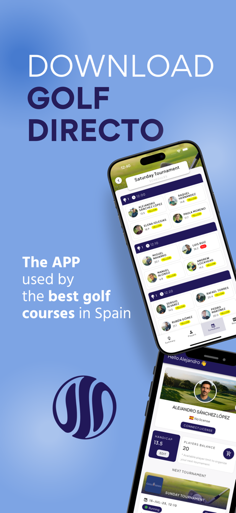 Golf Directo: Live Scoring - Imagen promocional de la aplicación Golf Directo que muestra horarios de torneos y perfiles de hándicap de jugadores en pantallas de móvil