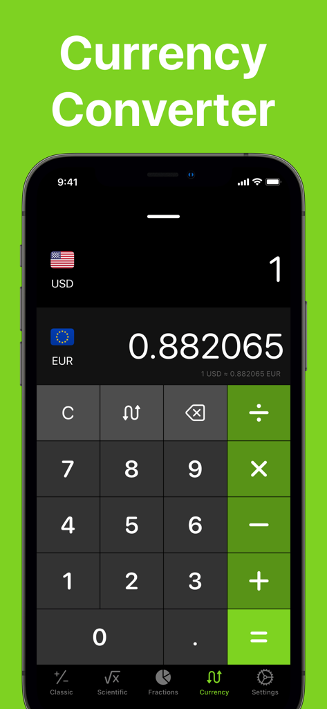 Calculator +ㅤ - Interfaccia del convertitore di valuta in Calcolatrice Plus che mostra la conversione da USD a EUR.