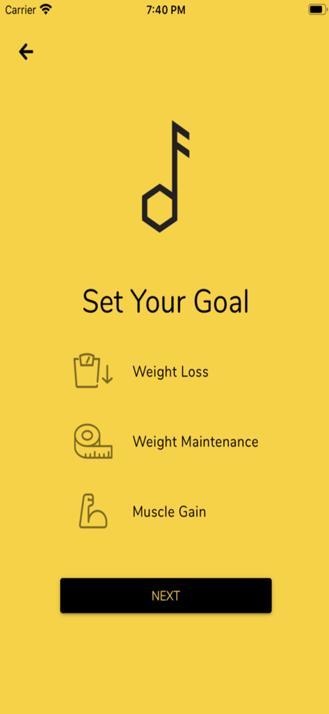 Food Darzee - Food Darzee app interface showing goal setting options for weight loss, maintenance, and muscle gain.