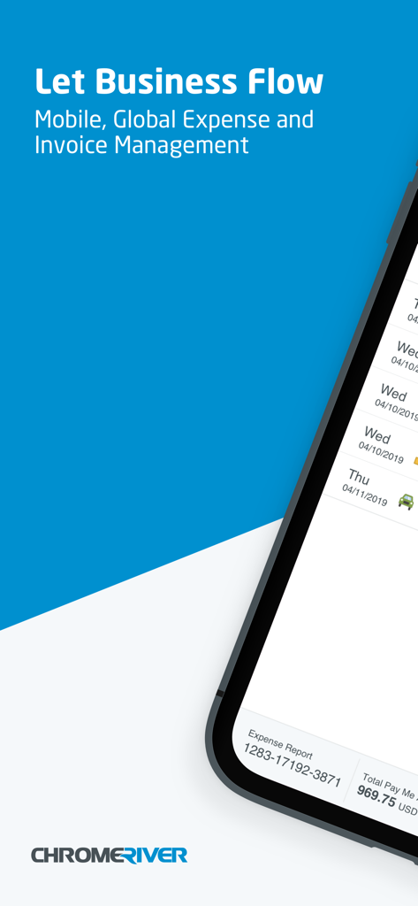 Chrome River App-Bildschirm, der mobile Spesen- und Rechnungsverwaltungsfunktionen mit einer Liste von Geschäftsausgaben anzeigt.