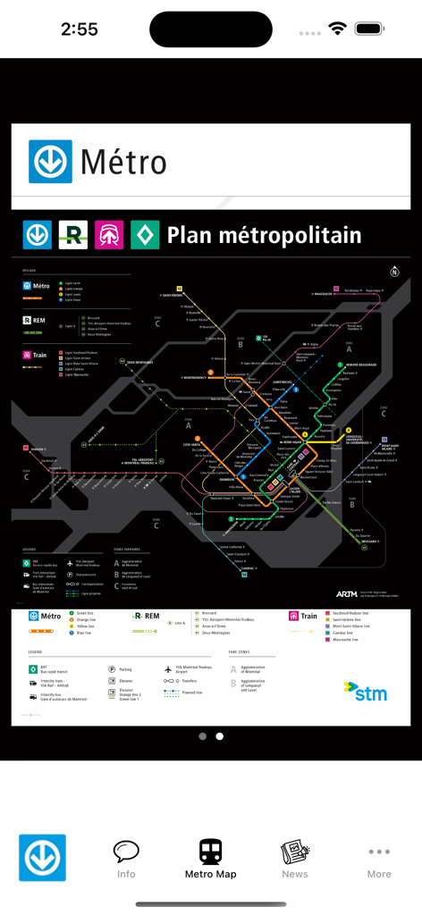 Pantalla completa del mapa de transporte metropolitano de Montreal dentro de la aplicación mostrando líneas de metro y trenes de cercanías.