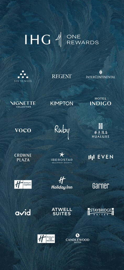 Exibição dos logotipos das marcas de hotéis IHG One Rewards, incluindo InterContinental, Holiday Inn e Kimpton