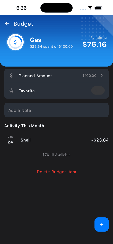 Simple Offline Budget - Detailansicht der Budgetkategorie Gas in der Einfaches Offline-Budget-App, die Ausgaben und Transaktionsverlauf anzeigt.