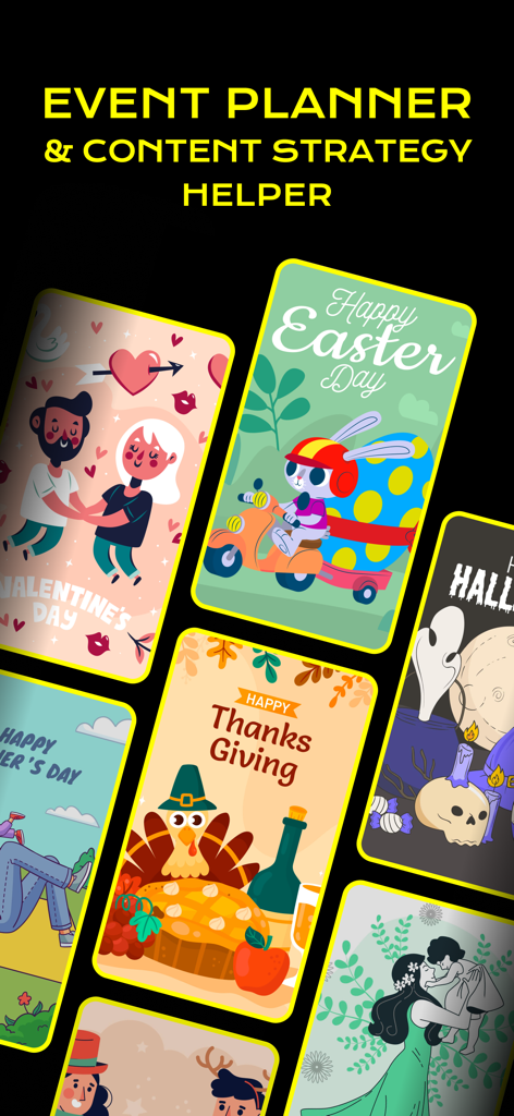 Likes for Instagram: iBooster - さまざまなホリデー投稿テンプレートを備えたコンテンツ戦略とイベントプランニング機能を表示するモバイルアプリ画面