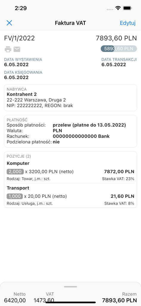 A mobile app screen displaying a detailed Polish VAT invoice with items and totals in PLN