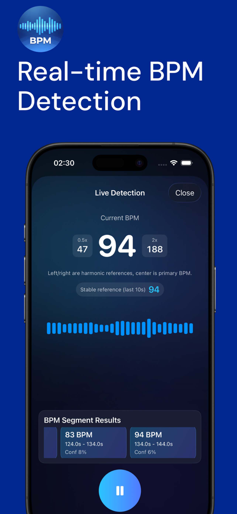 BPM Detector - Tempo Analyzer - BPM Detector app interface displaying real-time tempo detection and live segment results on a smartphone