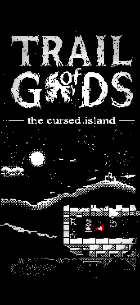 Trail of Gods - Trail of Gods The Cursed Island title screen with 1-bit pixel art moonlit landscape