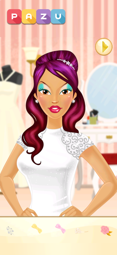 Bride character with purple hair and white wedding dress in the Makeup Girls game