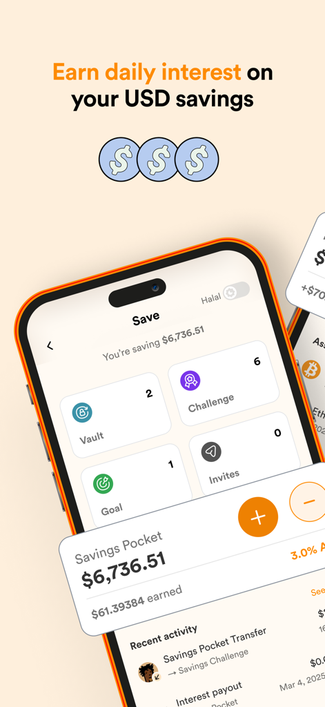 Accrue: Send. Spend. Sell. - Interfaz de la aplicación móvil Accrue que muestra una cuenta de ahorros en USD con intereses ganados y desafíos de ahorro