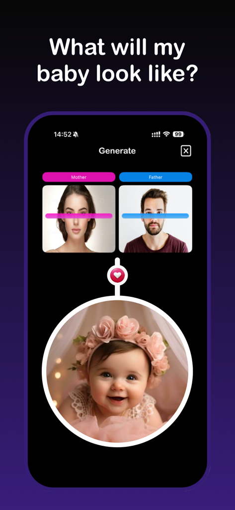 AI Baby Generator interface showing the process of generating a future baby image from photos of a mother and father.