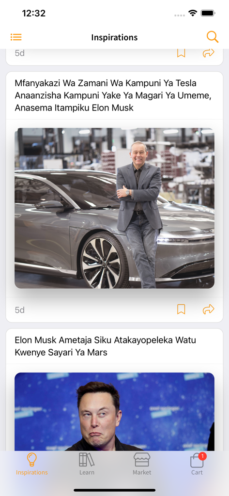 Swahilies - Swahilies mobile app inspirations screen showing news articles in Swahili about electric cars and space exploration
