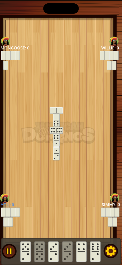 Jamaican Style Dominos Online - A virtual four player match of Jamaican style dominoes with rasta avatars on a wooden table layout