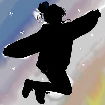 realistic girl jumping with a bun and oversized sweatshirt
