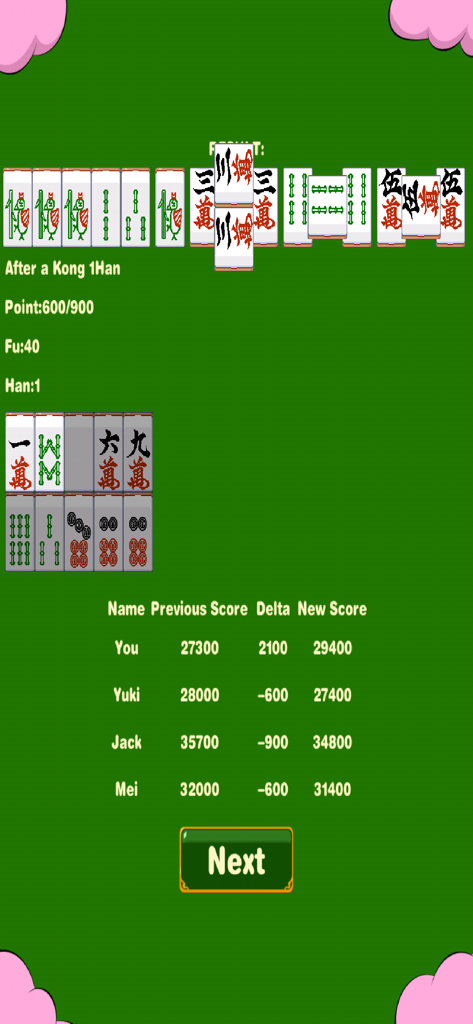 Mahjong School - Mahjong School scoring screen showing points calculations and player rankings