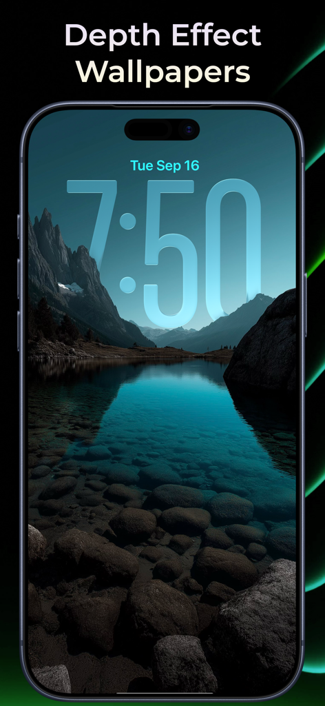 Wallpapers Now - Una pantalla de bloqueo de iPhone con un fondo de pantalla de un lago de montaña utilizando la función de efecto de profundidad de la app Wallpapers Now