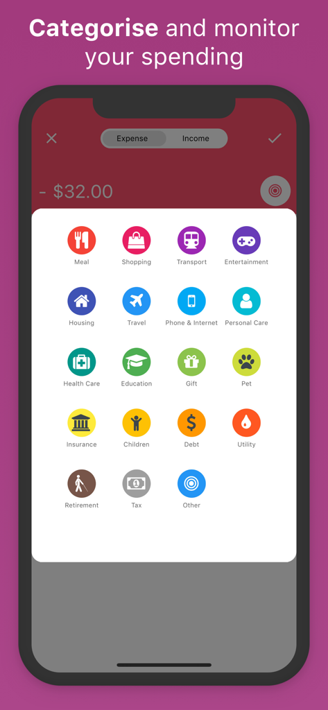 Expense categorization screen in the Bookipi budget app featuring colorful icons for tracking spending like meals travel and housing
