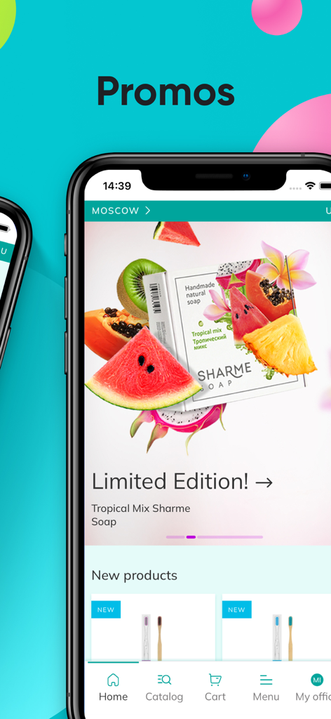 Tela de promoções do aplicativo Greenway Global com sabonete artesanal natural e produtos ecológicos