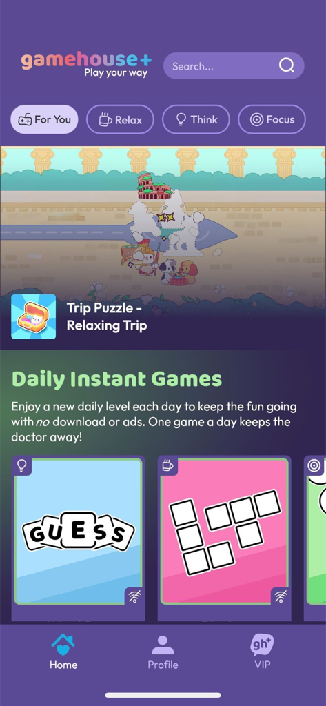 The home screen of the gamehouse plus app showing featured puzzle games and categories for relaxation and thinking.