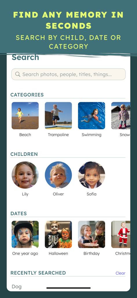 BackThen app search screen displaying photo organization by category child and date