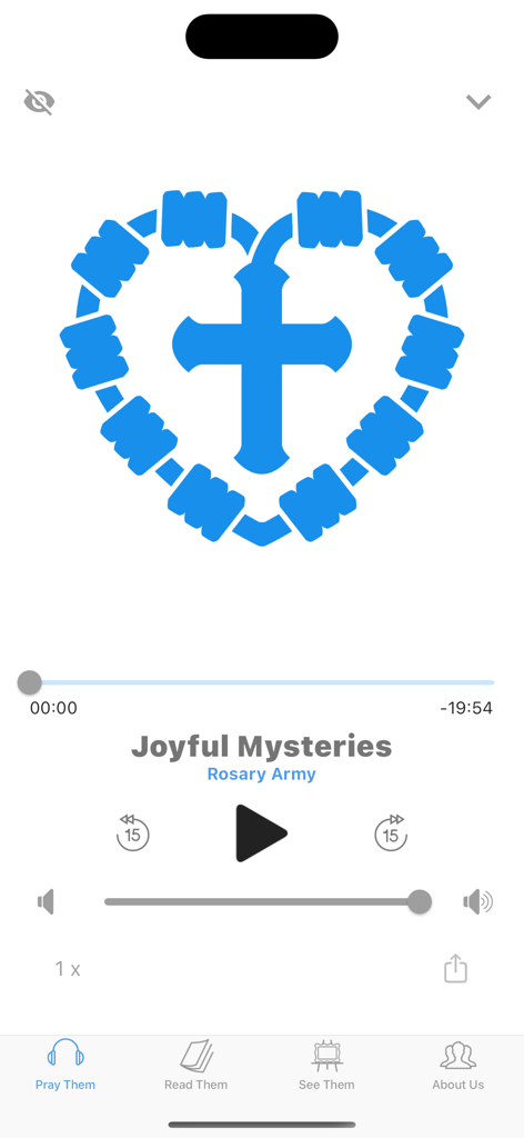 Rosary Army - The Joyful Mysteries audio player screen in the Rosary Army app featuring a heart-shaped rosary beads icon.
