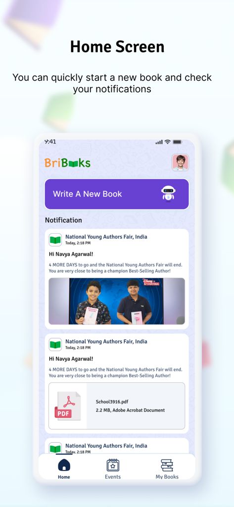 BriBooks - BriBooks home screen with a large Write A New Book button and latest notifications for young authors.