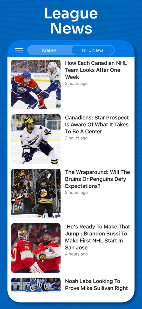 Superfan Sports: NHL Hockey - Ein Bildschirm einer mobilen App mit den neuesten NHL-Liga-Nachrichten und Artikeln mit Team-Bildern und Schlagzeilen.