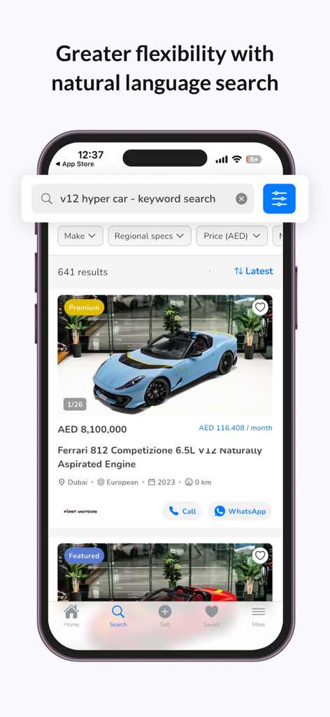 DubiCars | Used & New Cars UAE - DubiCars mobile app interface showing a natural language search for a V12 hyper car and a luxury Ferrari listing