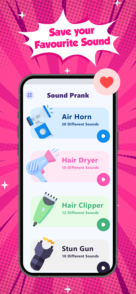 Una interfaz de aplicación móvil que muestra varias opciones de sonidos de broma, incluyendo Bocina de Aire y Cortapelos