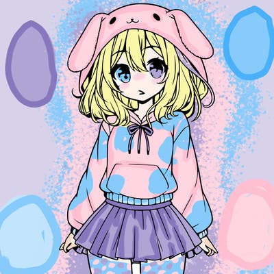 pretty anime girl wearing a fluffy hoodie with bunny ears on the hood and a skirt