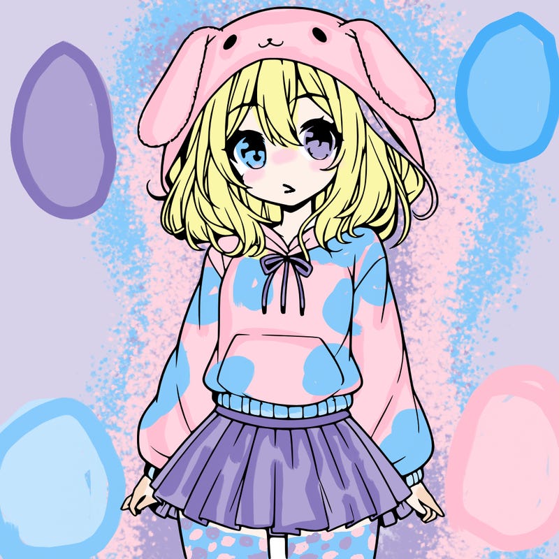 pretty anime girl wearing a fluffy hoodie with bunny ears on the hood and a skirt