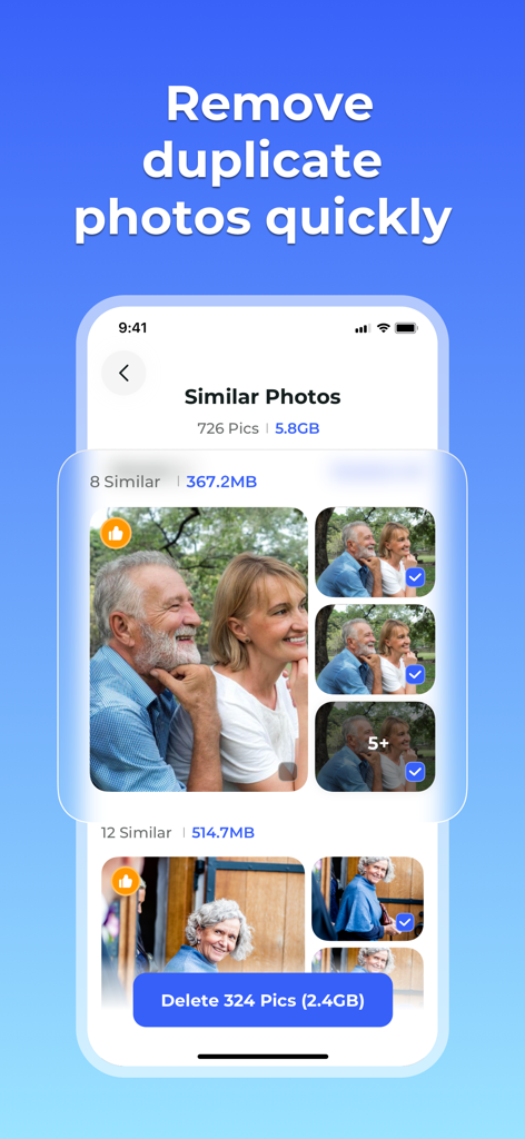 Pixel Cleaner interface showing similar photos grouped for deletion to free up storage space