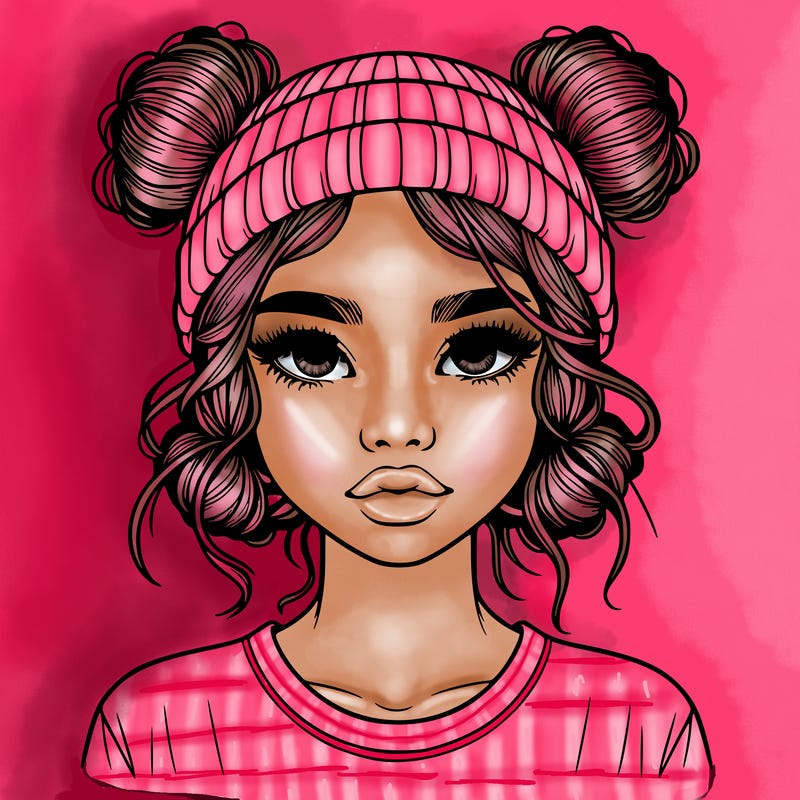 realistic girl with buns in her hair with a beanie on